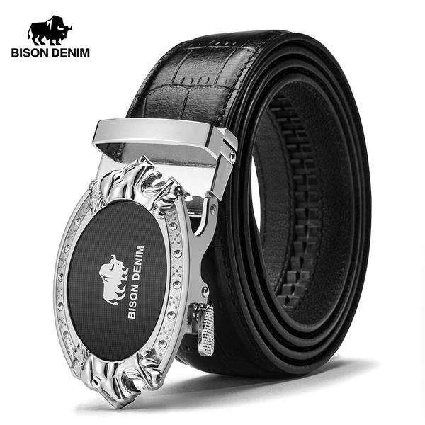 

bison denim luxury men belts genuine leather male belt cowskin automatic buckle men's belt n71348, Black;brown