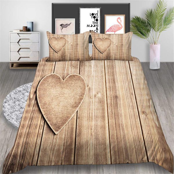 Wood Pattern Printing Bedding Set King Romantic Heart Duvet Cover Queen 3d Printed Home Deco Double Single Bed Cover With Pillowcase Tropical Bedding