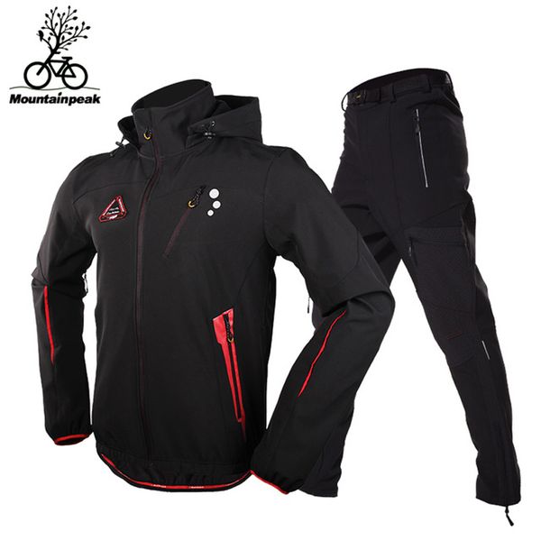

men camping hiking jacket pants 1 set outdoor waterproof windproof with thicken fleece climbing jackets&pants size s-3xl, Blue;black