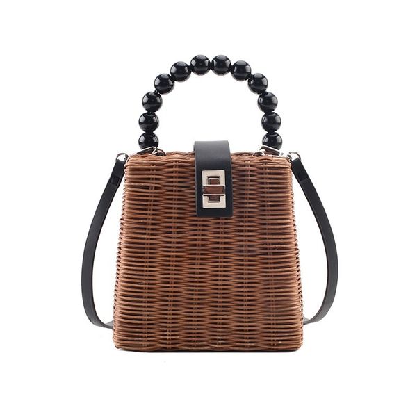 

straw buddha wood bead shoulder bag ratten solid color with round handle silver lock crossbody bag beach holiday women's handbag