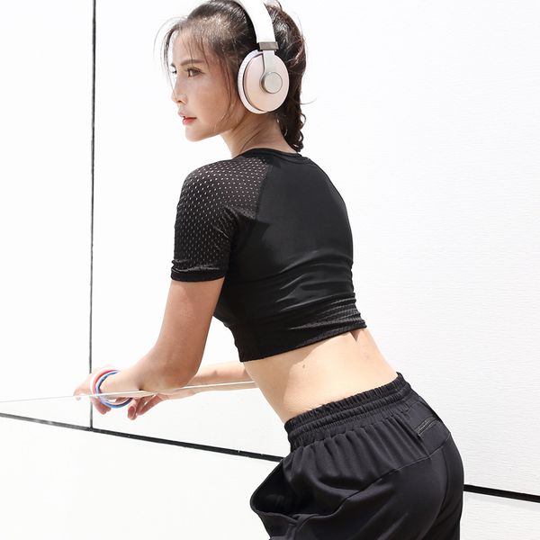 

2019 black workout for women dry fit sport gym woman mesh fitness women's sports shirt lycra jogging running t-shirt s, White;red