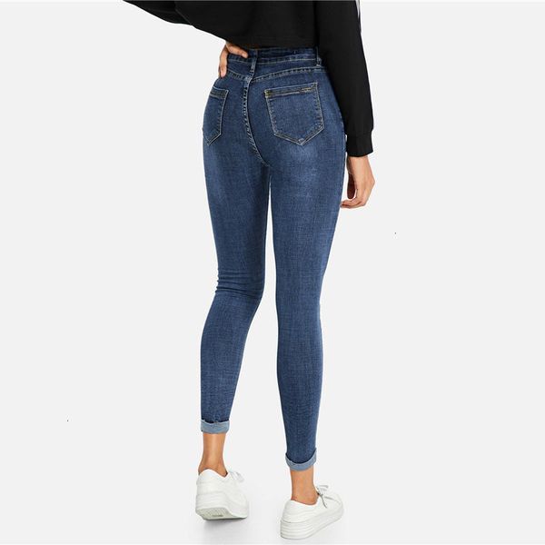

designer jeans women pants ripped navy skinny denim jeans summer women casual button fly high waist new style trousers female plain pants, Blue