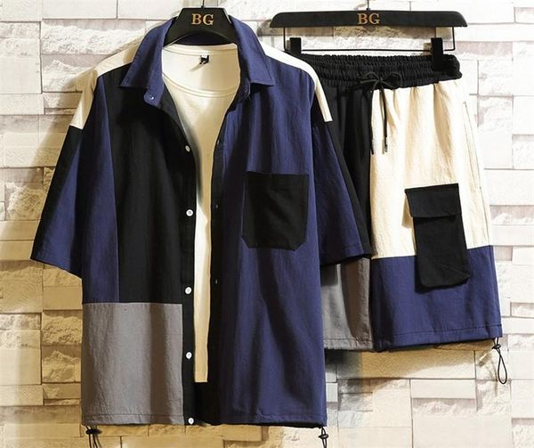 

брюки 2pcs одежда комплекты мужские нагрудные шеи одежда мужская мода кардиган костюмы лоскутное конструктора карманные рубашки, Gray