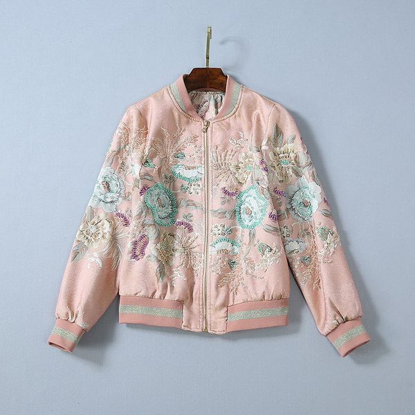 

european and american women's winter 2019 new style long sleeve zippers heavy hammer bead fashion print jacket, Black;brown