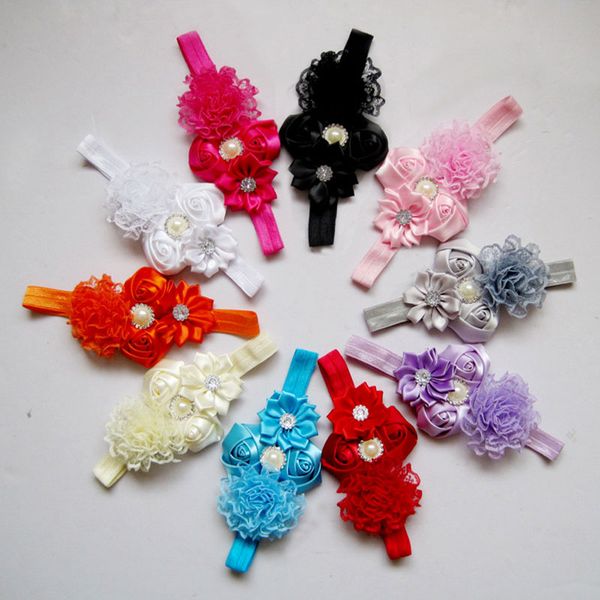 

newborn infant baby girl rose flower pearl rhinestone headbands kids lace headwear pgraphy props children hair accessories, Slivery;white