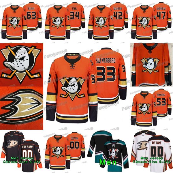 

33 jakob silfverberg 2019-20 third alternate orange anaheim ducks patrick sieloff max comtois hampus lindholm josh manson sam steel jersey, Black;red