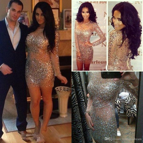 

sparkling cocktail dresses with long sleeves see thourgh sheer neck bling rhinestones sheath short prom evening gowns