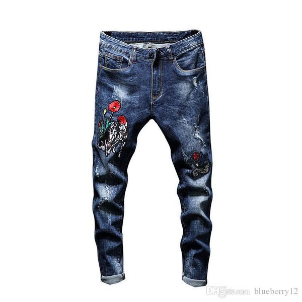

mens hole embroidered stretch jeans straight slim trousers with rose flower patches blue denim pants cowboys for man