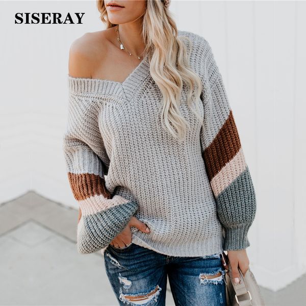 

2019 casual lantern sleeve loose knit sweater v neck striped ladies jumper pullover new arrival autumn women clothing, White;black