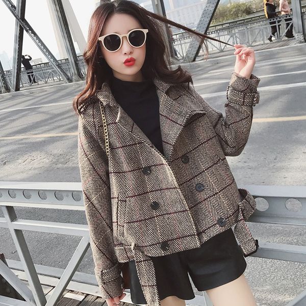 

la maxza plaid double breasted trench coat for women casual ladies windbreaker england style korean designer fall coat, Tan;black