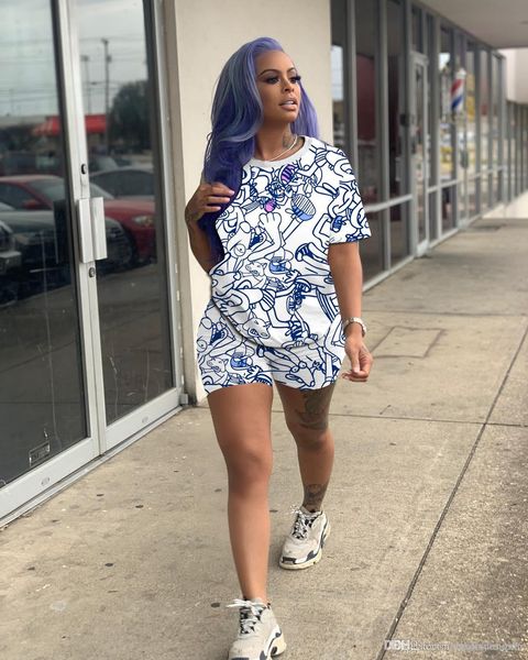 

женская летняя дизайнерские белый 2pcs брюки crew neck коротким рукавом мультфильм печати женской одежды повседневная одежда, White