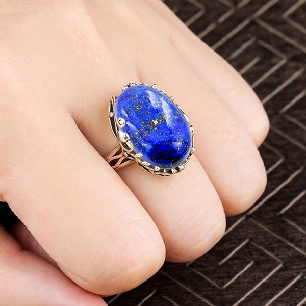 

13*18mm not fake s925 sterling silver asia lapis rings exaggerated rings upper class lithuania retro chalcedony, Golden;silver