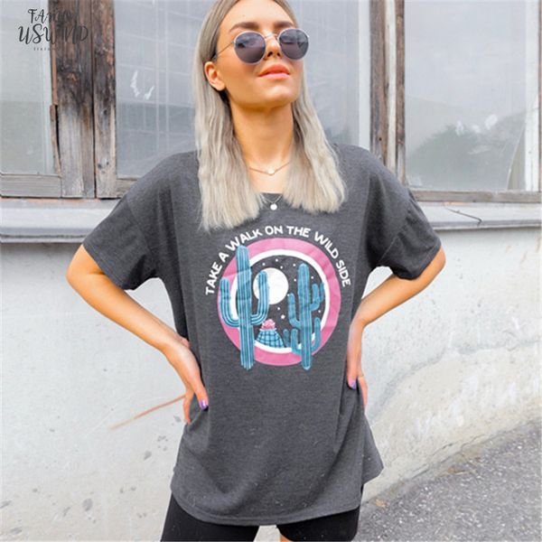 

2020 summer t shirt women polyester tee take a walk on the wild side print t shirt female o neck, White