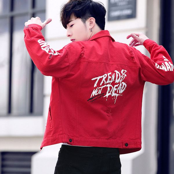 

fashion 2019 men's denim jacket ripped hole printed men spring autumn hip hop handsome denim clothing men's social students coat, Black;brown