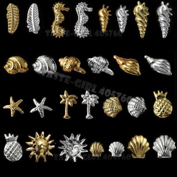

nail art decorations 100pcs/pack silver gold 3d ocean marine life seashell starfish snail hippocampi feather metallic studs rivet decoration