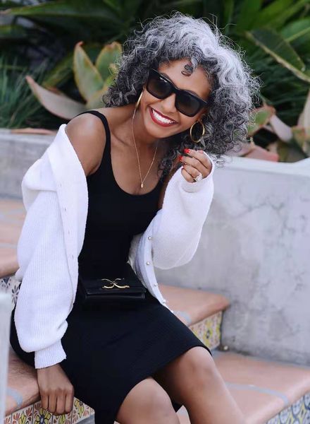 

grey color naturally curl women pony tail hairpiece silver grey human hair ponytail extension white gray gorgeous with drawstring combs easy, Black