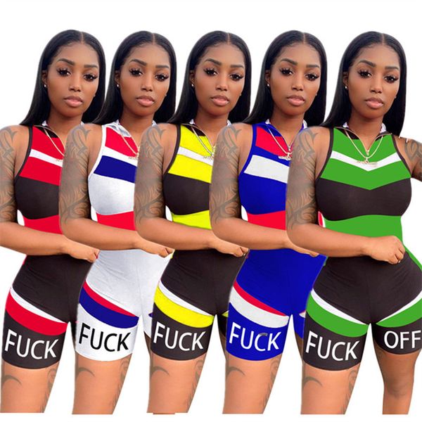 

summer women jumpsuit trendy letter print rompers zipper sleeveless short pants jumpsuits fashion one-piece bodysuit bodycon outfits s-2xl, Blue