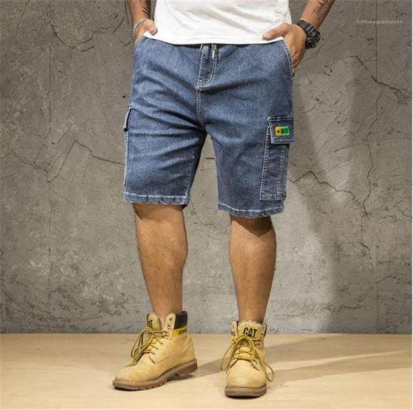 

with pockets summer mens cargo pants plus size mens jeans shorts fashion high street wahsed relaxed shorts, Blue