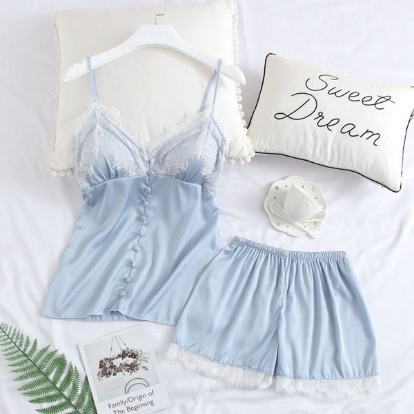 

summer pajamas set strap shorts women casual soft satin pcs sleepwear pijamas suit sleeveless lace nightwear homewear, Blue;gray