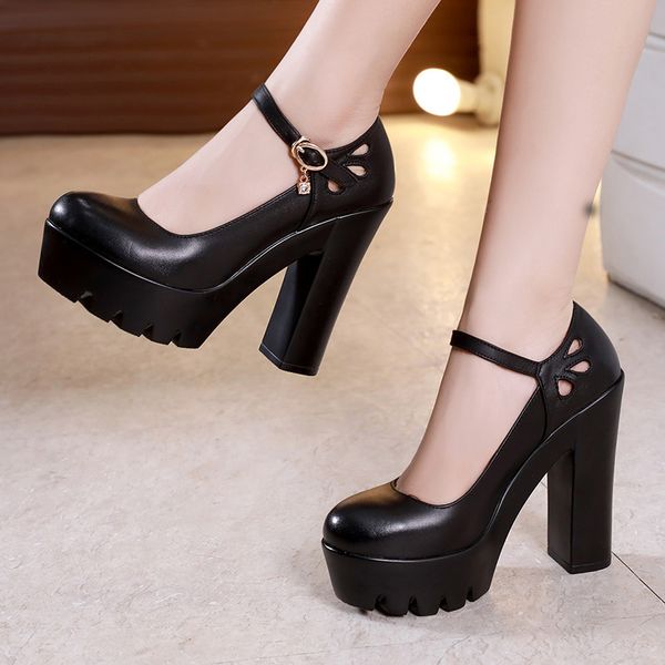 

big size round toe block heels platform shoes women pumps 2019 high heels wedding shoes ladies office work shoe split leather y200702, Black