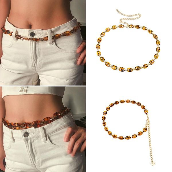 

european and american cross-border jewelry personality retro button geometric body chain female leopard print acrylic oval waist chain, Silver