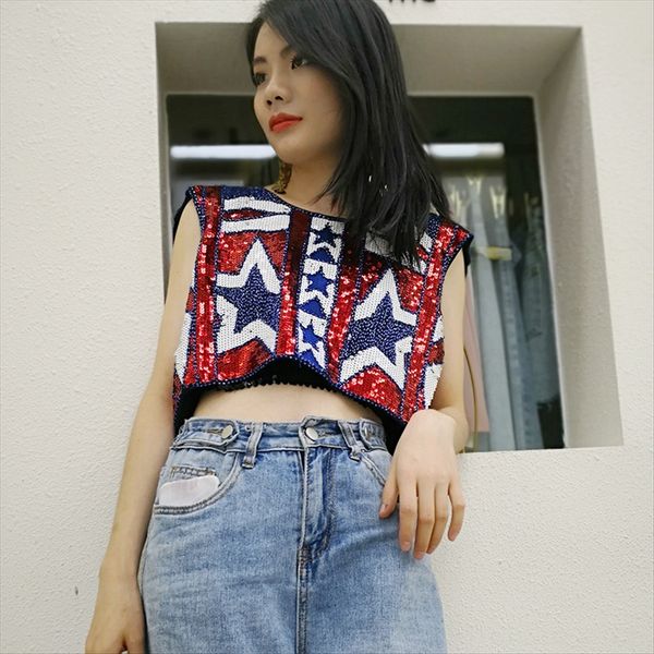 

fashion brand women's short star t-shirt front t-shirt sequins and back wear heavy industry zipper sequins beaded top, White