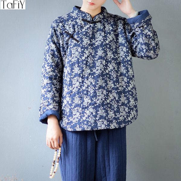 

tafiy 2017 winter jacket women vintage stand collar plate buttons thickening jacquard parkas cotton-padded short loose jackets, Black