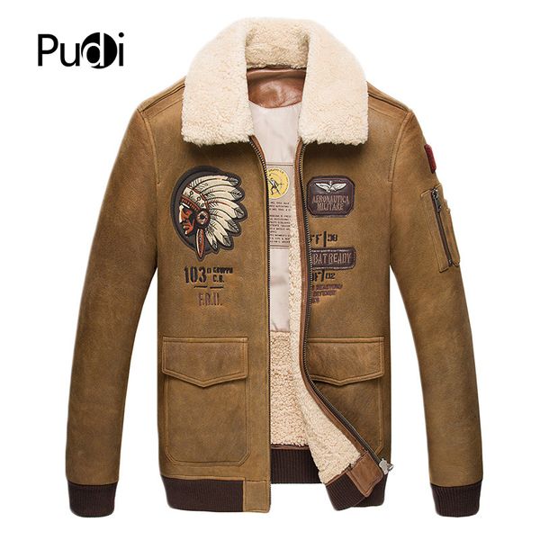 

pudi cw036 2018 men new fashion real sheep leather jackets with sheep fur collar inside fall winter casual outwear, Black;brown