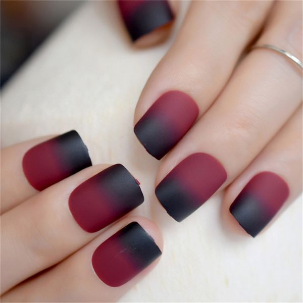 

matte wine red false nail patches girl korean women manicure beauty tool gradient color short square fake nails decoration 24pcs