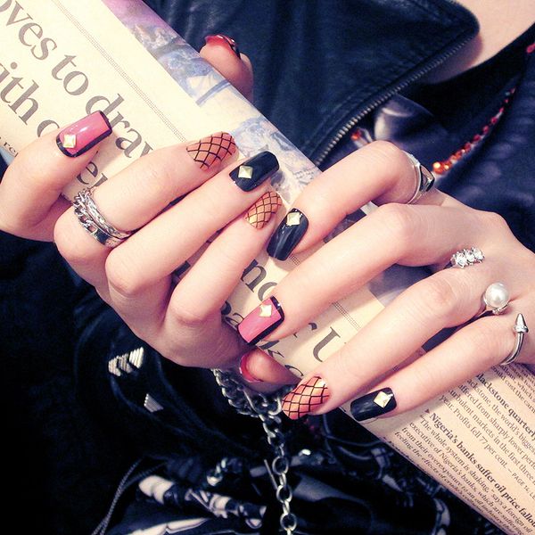 

false nails diamond black grid 24 sheet/set fake nail tips round full cover beauty glue design art manicure stickers d11, Red;gold
