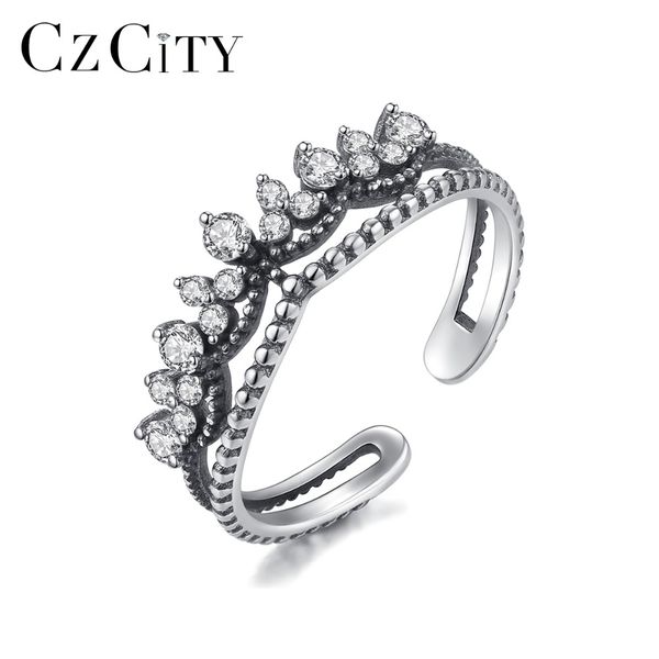

czcity 925 silver sterling fashion vintage crown zircon open rings for women adjustable retro bohemia rings statement jewelry, Golden;silver