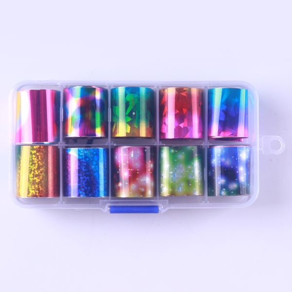 

10 pcs holographic nail foil set transparent ab color nail art transfer sticker 2.5*100cm manicure diy holo sticker decoration, Black
