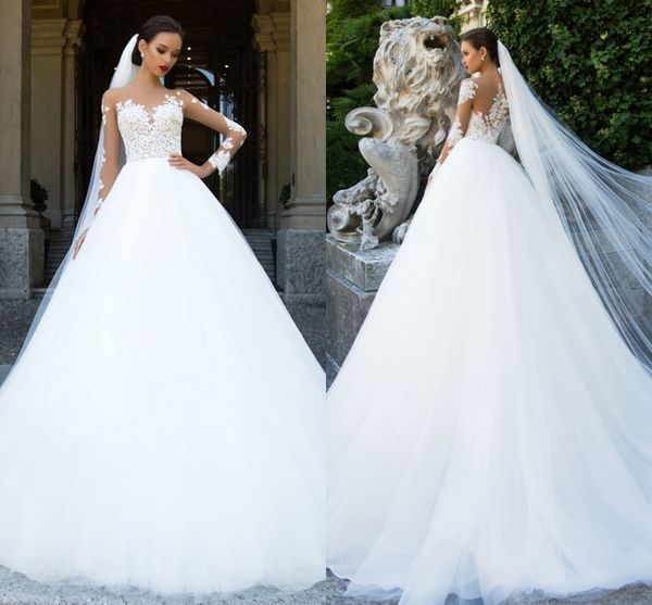 

vintage sheer neck white lace wedding dresses a line long illusion sleeves applique floor length bridal dresses custom dh184