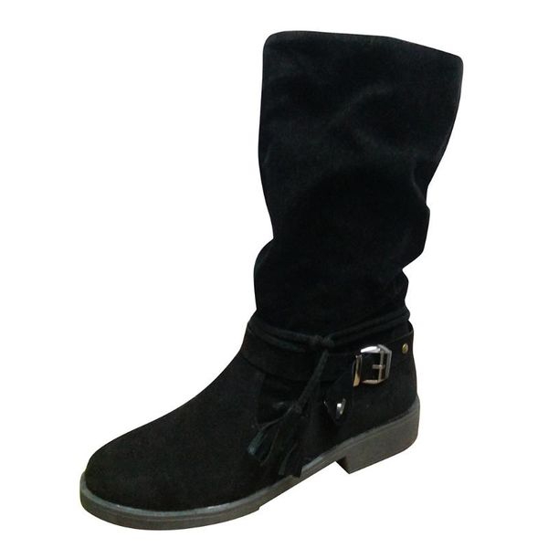

fashion womens flock comfortable tassel low-heeled side zipper shoe mid boots, Black