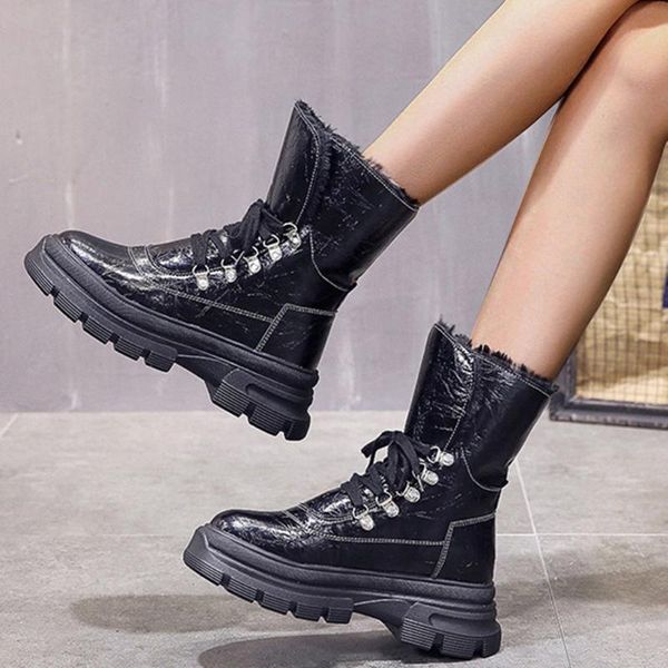 

shoes woman fashion boots women winter women's lace up shiny causal cool platforms short-plush warm snow boots, Black