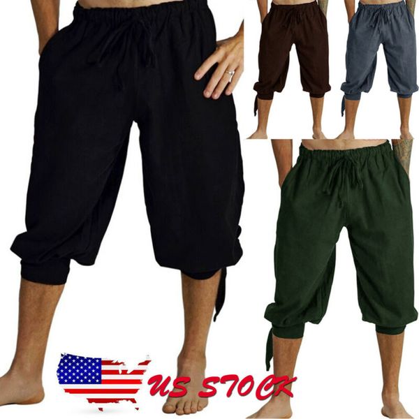 

новые мужские повседневные шаровары льняные свободные укороченные брюки капри негабаритные брюки мужские твердые брюки длиной до икры одежда, Black