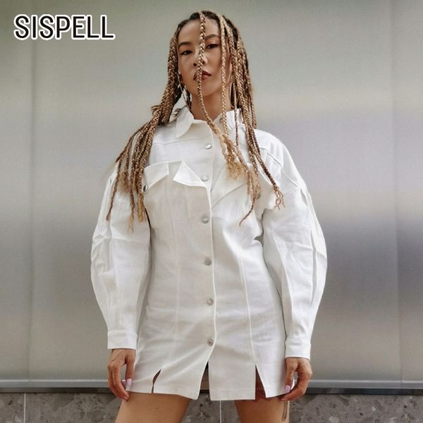 

sispell patchwork white denim jacket for women lapel collar lantern long sleeve loose jackets female 2019 summer fashion new, Black;brown