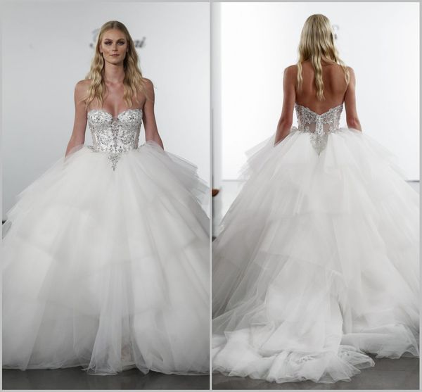 2019 Pnina Tornai A linha de vestidos de casamento querida Backless frisada de vestidos de noiva Sweep trem Plus Size vestido de noiva de praia barato