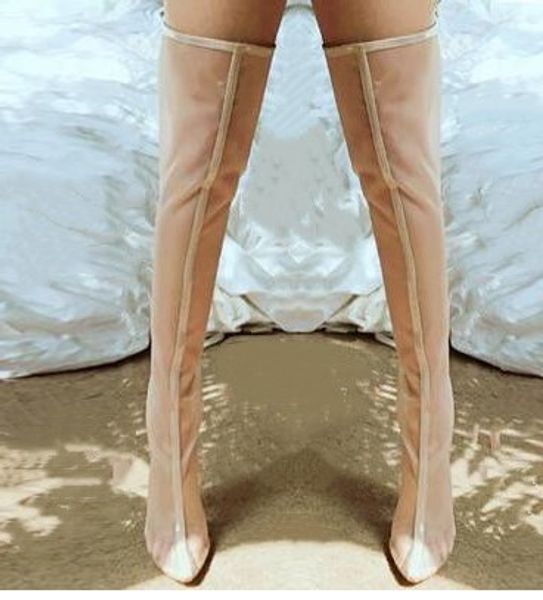 

2019 women over the knee boots clear nets fashion sock boots high heel long thigh high pillage pointed toes size 34-43, Black