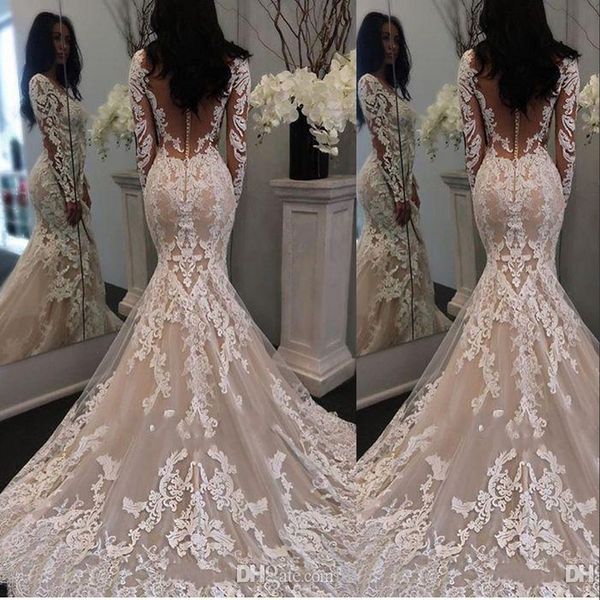 

2020 champagne arabic mermaid wedding dresses full lace applique long sleeves illusion covered button sheer back formal bridal gowns, White