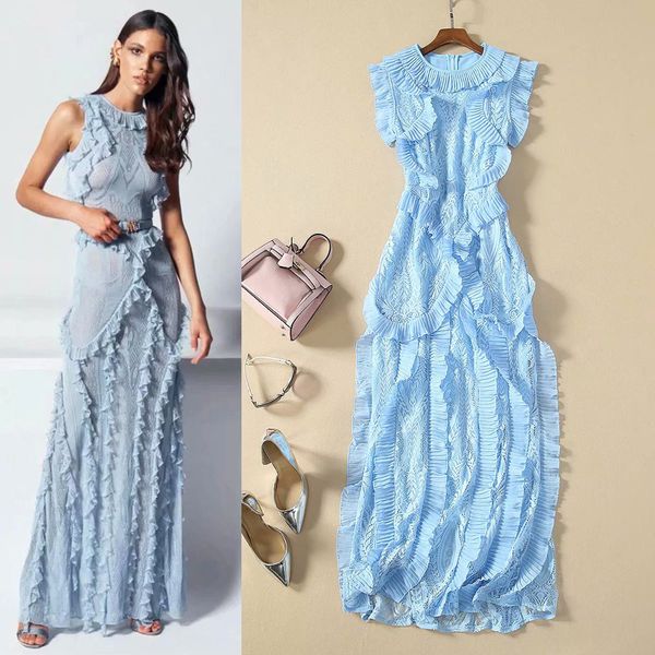 

fashion designer dress spring summer new women's dress sleeveless lace patchwork ruffles elegant party slim dresses, Black