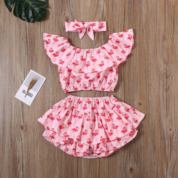 

1-6y infant baby girl kid sunsuit clothes sets flowers print ruffle pants headband 3pcs, White