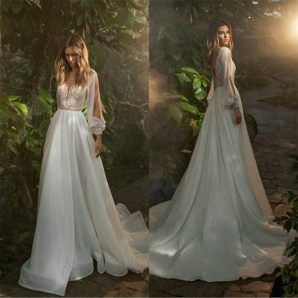 

sparkling boho a line wedding dresses high v-neck long sleeves appliqued lace sequins bridal dress sweep train beach bridal gown, White