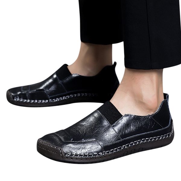 

kancoold men's summer casual leather shoes men pu breathable comfortable tide outdoor slip-on beach shoes round toe shoe 124, Black