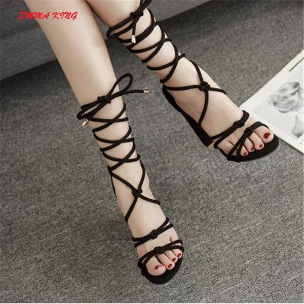 

emma king cross-tied women summer sandals high heels boots gladiator lace up thick heel ladies stilletos party shoes43, Black