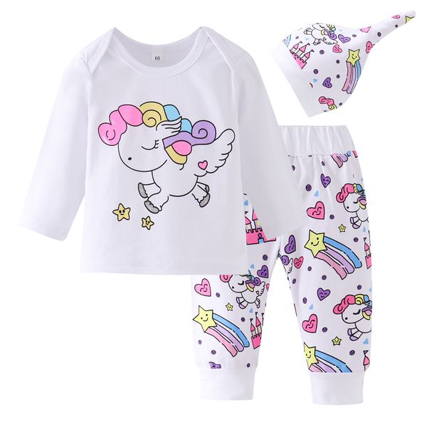 

3 pieces newborn infant baby girl clothing sets infant 2019 fashion rainbow cartoon unicorn +pegasus star castle pants+hat, White