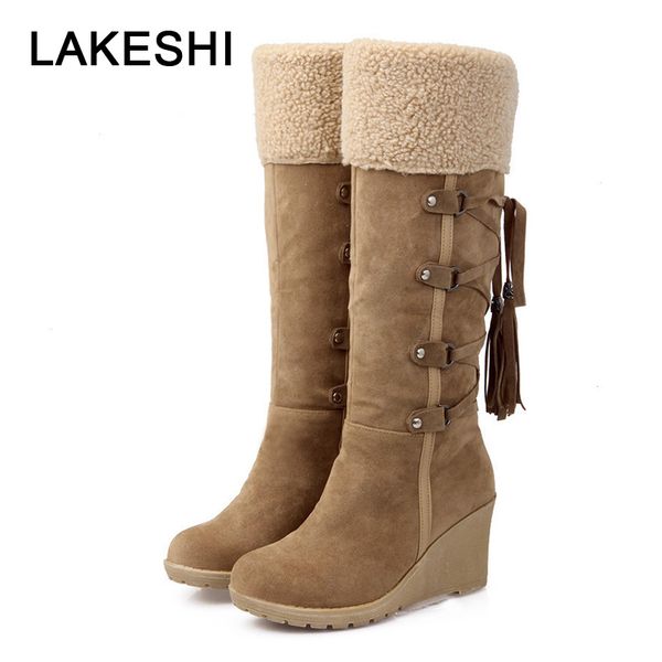 

lakeshi winter boots women warm snow boots plus size 43 high women frosted suede wedge tassels cross-tied shoes, Black