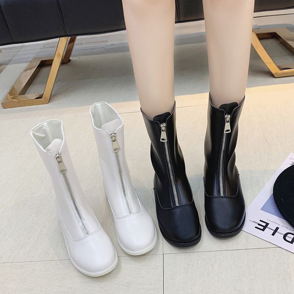 

lace up boots shoes zipper boots-women leather booties luxury designer low heels booties round toe mid calf riding 2019 fashion, Black