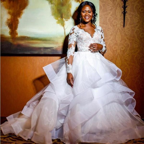 

amazing layer skirt ball gown wedding dresses new v neck long sleeve africa wedding dress appliques puffy bridal gowns vestidos, White