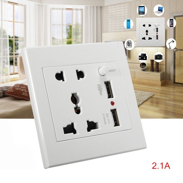 Smart Dual USB Port 5V 2100MA Hot Worldwide AC 110-250V Dual USB Port Caricatore da muro elettrico Presa dock Smart Power Plugs con interruttore